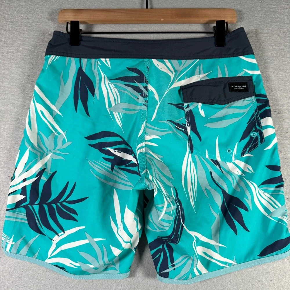 Volcom Mod-Tech Mens Board Shorts 28 Teal Navy Tropical Palm Leaf‎ Swim Trunks